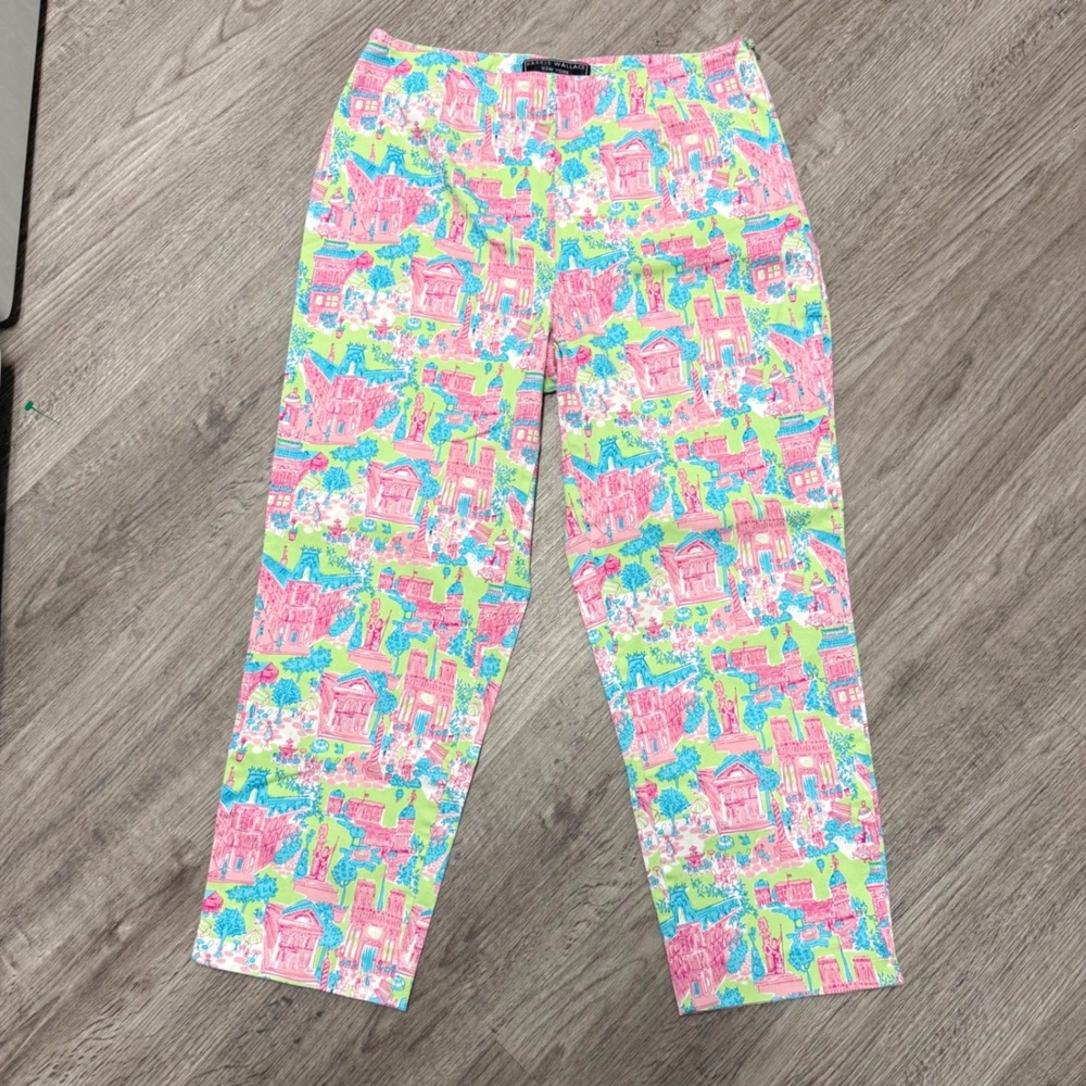 Harris Wallace New York Petite Pink Green Novelty Print Ankle Pants Size 10P